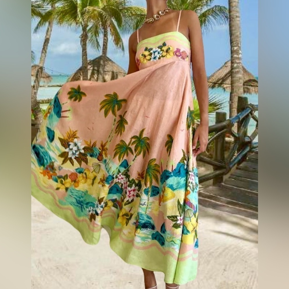 Cocomo Tropical Print Cotton Blend Spaghetti Straps Flared Skirt Maxi Dress